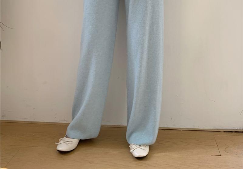 Set: Plain Cable-Knit Zip Cardigan + High Rise Knit Wide Leg Pants Product Image