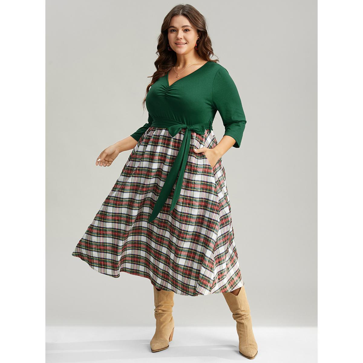 Plus Size Christmas Plaid Patchwork Ruched Belted Dress DarkGreen Women Work From Home Gathered V-neck Elbow-length sleeve Curvy Midi Dress BloomChic 12/L Product Image