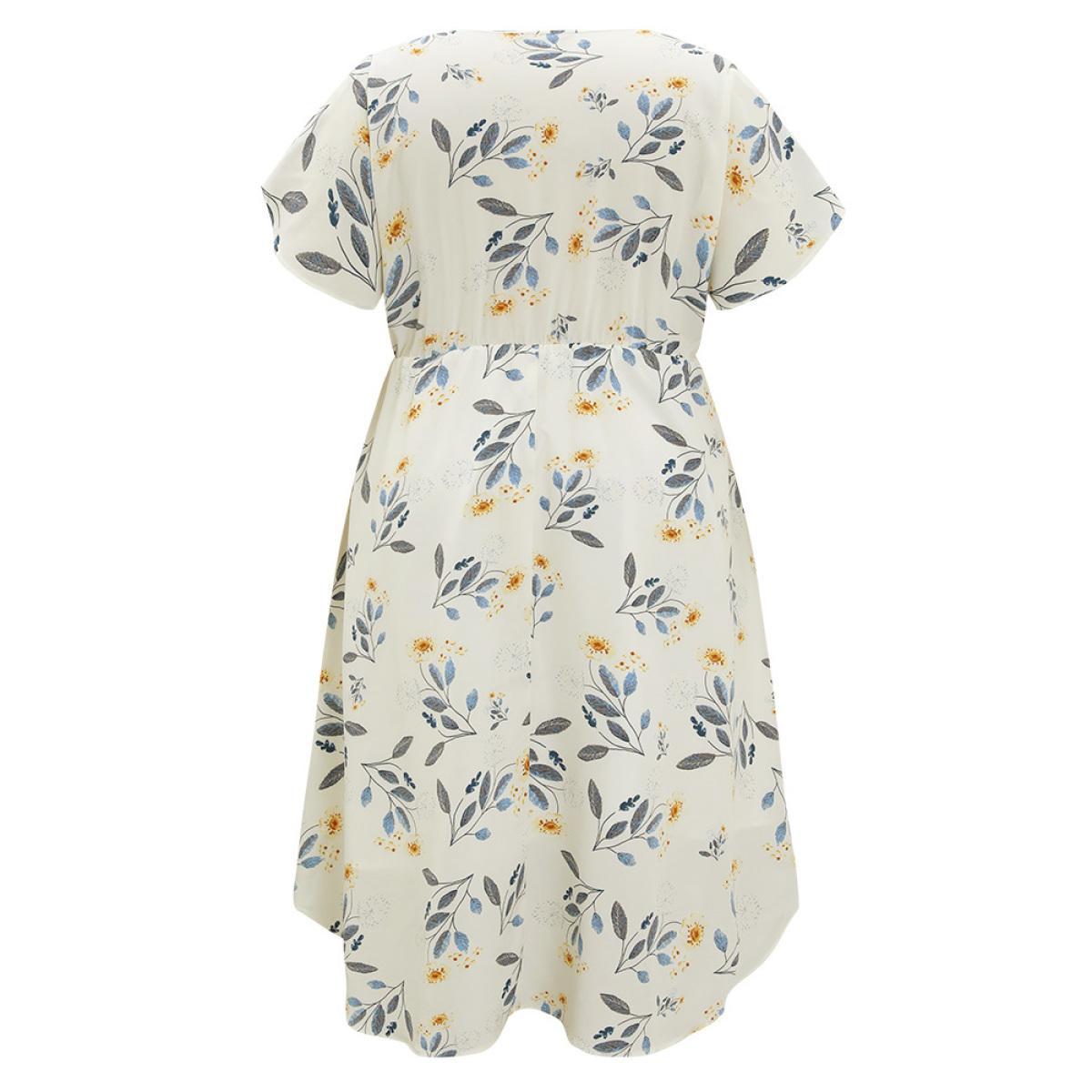 Plus Size Floral Arc Hem Pocket Split Petal Sleeve Zip Up Dress Ivory Women Office Lined V-neck Short sleeve Curvy Midi Dress BloomChic 28/5X Product Image
