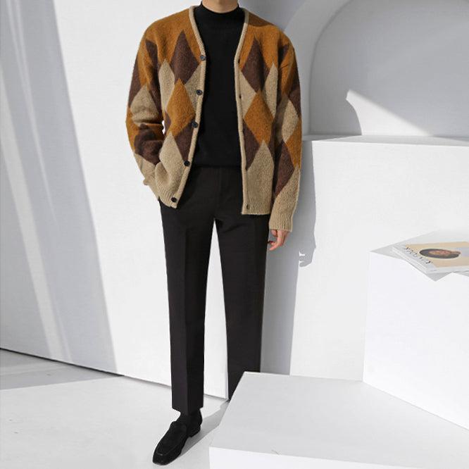 RT No. 3457 KNITTED COLLARLESS DIAMOND CARDIGAN Product Image