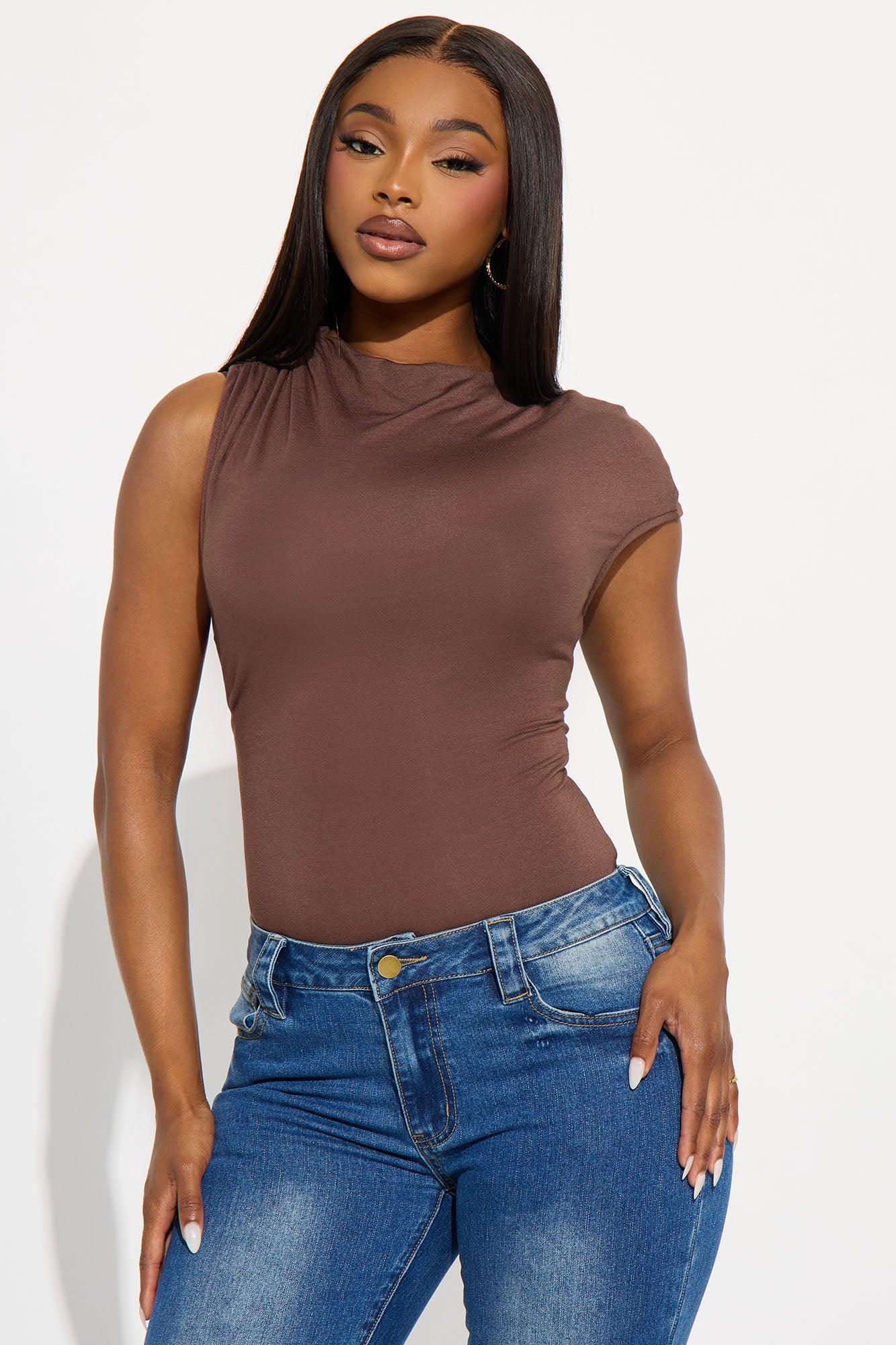 Lucy Ruched High Neck Bodysuit - Chocolate Product Image