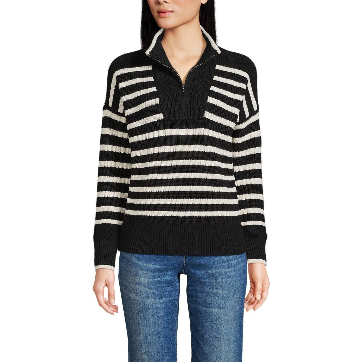 Petite Lands' End Drifter Quarter-Zip Pullover Sweater, Women's, Size: Large Petite, Ivory Navy Stripe Product Image