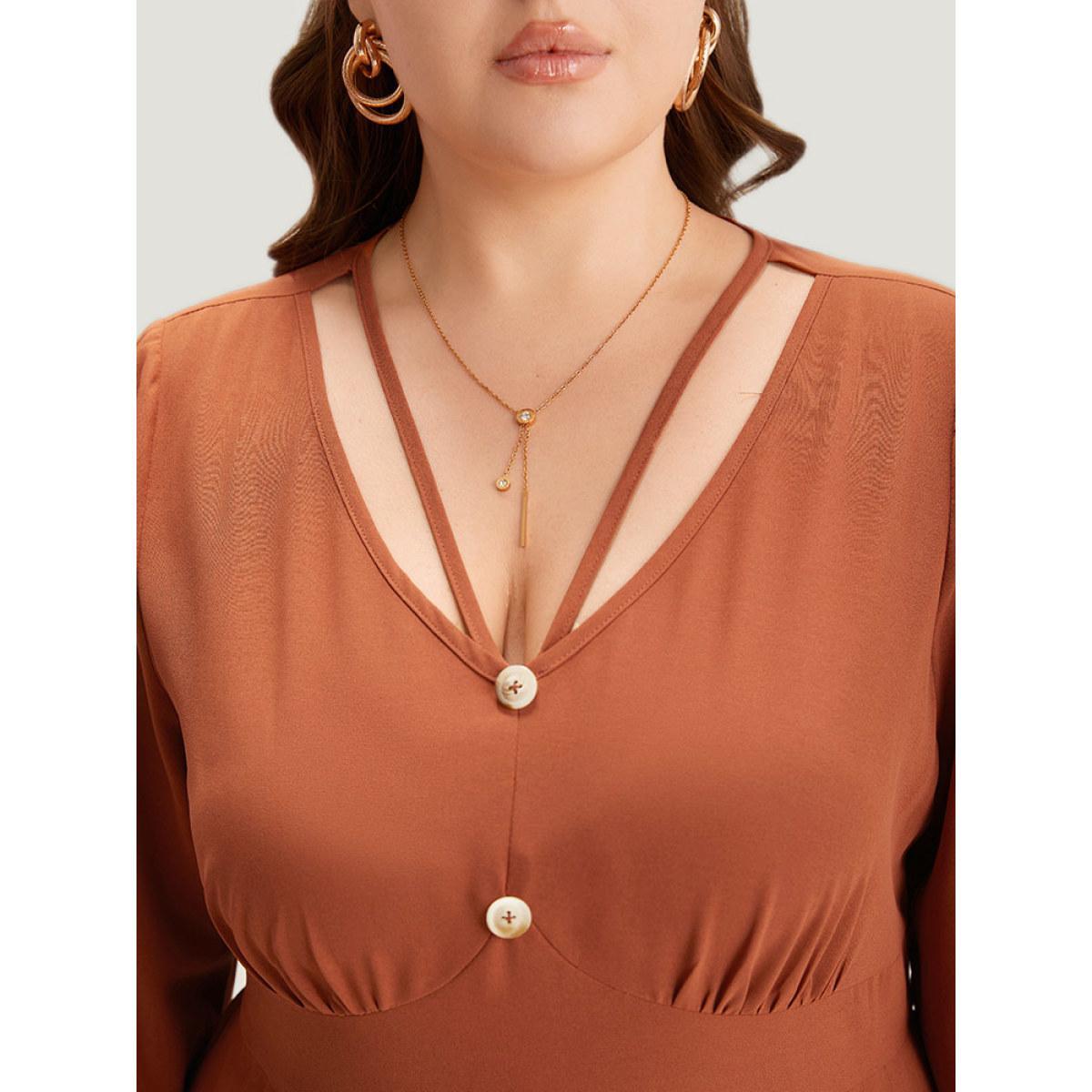 Plus Size Brown Plain Crisscross Plicated Detail Flutter Sleeve Jumpsuit Women Elegant Elbow-length sleeve V-neck Dailywear Loose Jumpsuits BloomChic 30/6X Product Image