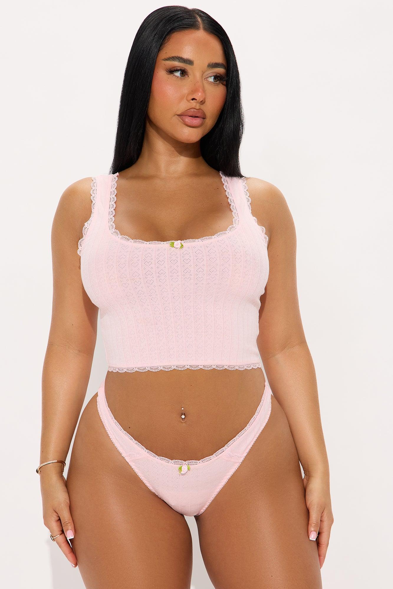 Jenny Pointelle Rosette Tank and Thong 2 Piece Set - Pink Product Image