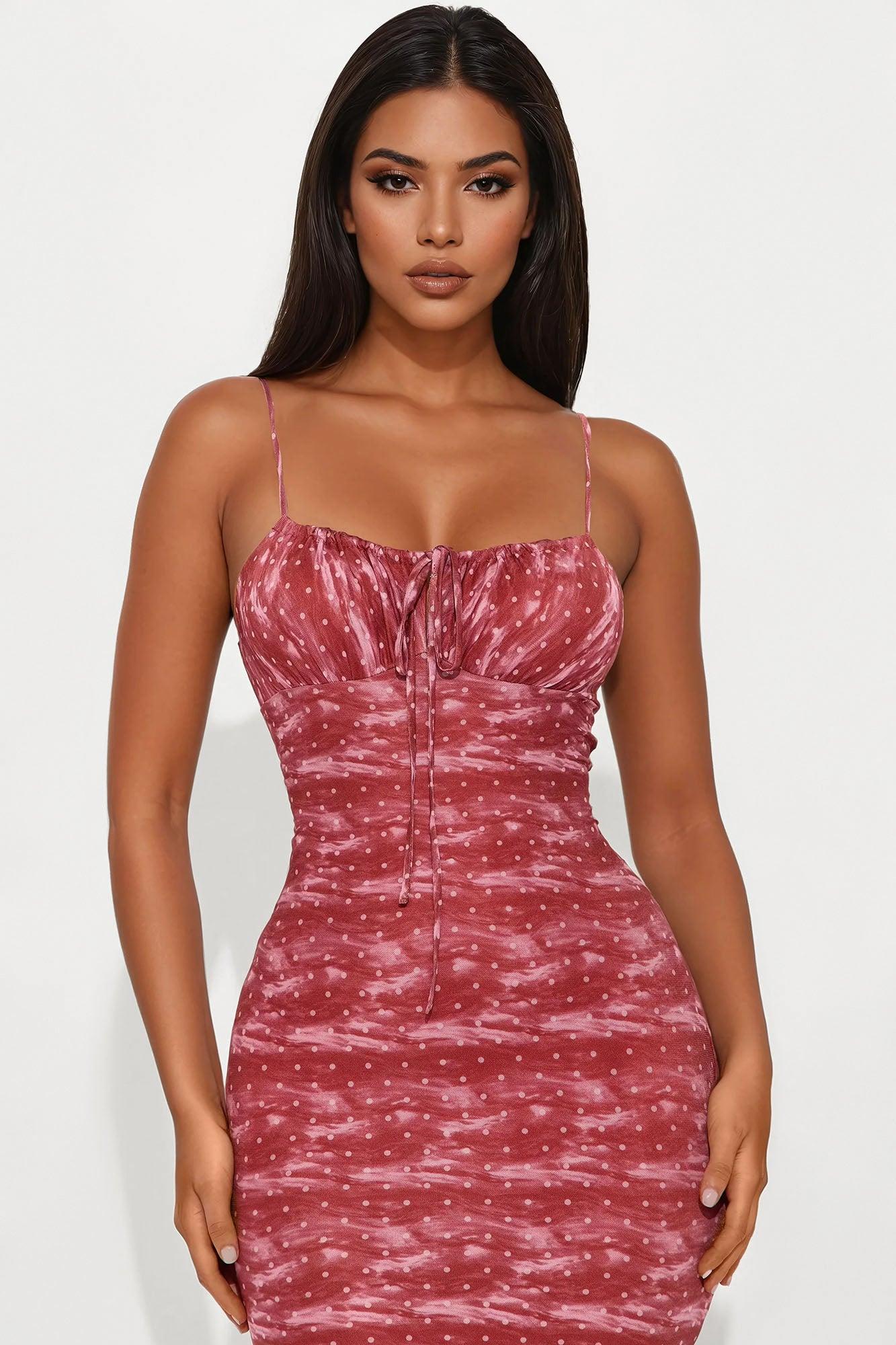 Wild Daydream Polka Dot Mesh Midi Dress - Red Product Image