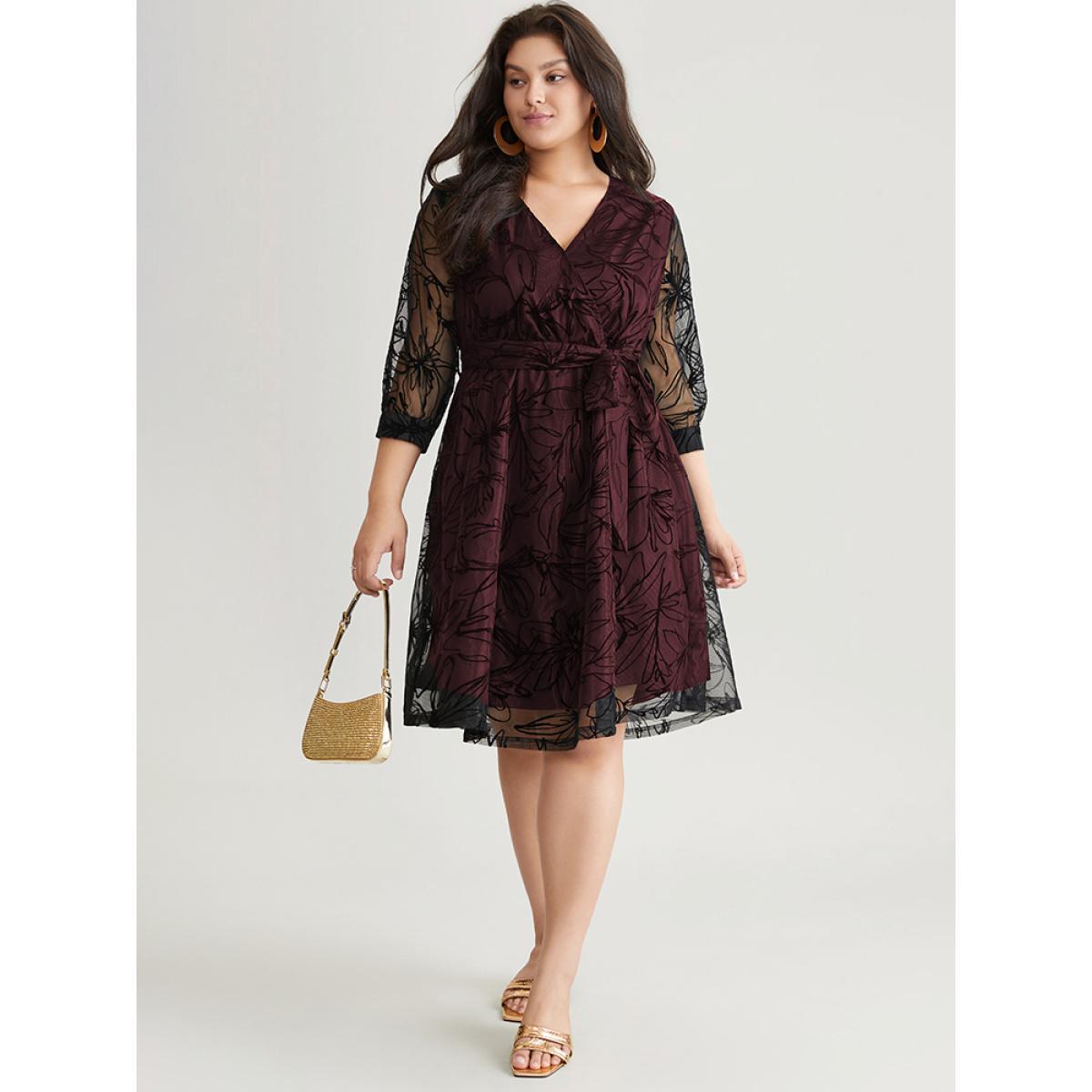 Plus Size Floral Flocked Tulle Belted Dress Burgundy Women Glamour Wrap Overlap Collar Elbow-length sleeve Curvy Knee Dress BloomChic 30/6X Product Image