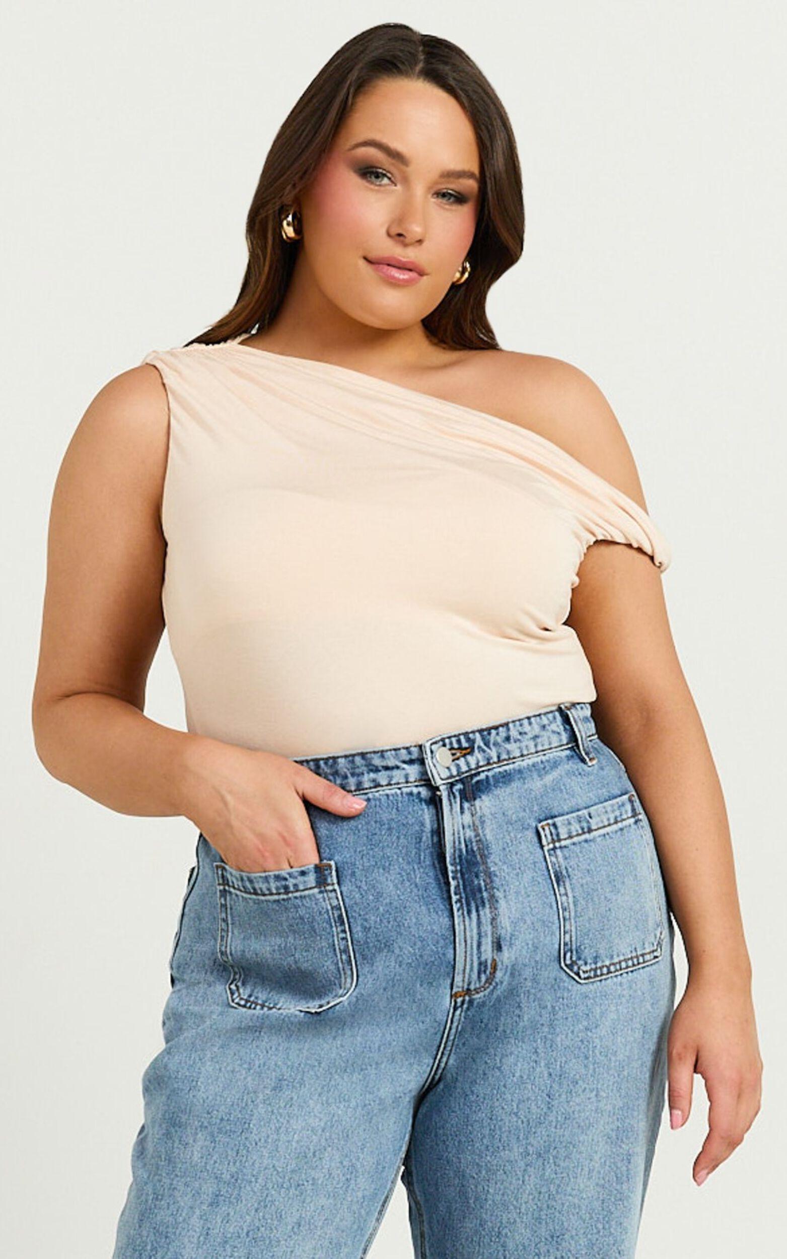 Jialeen Top - Off Shoulder Twist Asymmetrical Sleeve Top in Sand Product Image