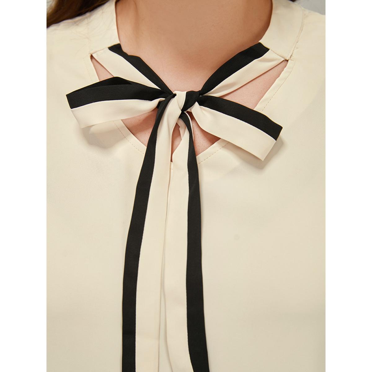 Plus Size Ivory Contrast Trim Knot Neck Blouse Women Office Elbow-length sleeve Tie Neck Work Blouses BloomChic 18-20/2X Product Image