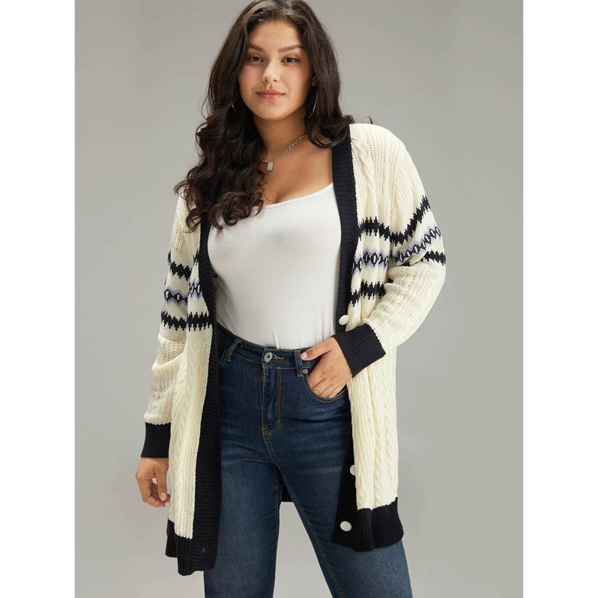 Plus Size Cable Knit Striped Geo Button Fly Cardigan Beige Women Casual Loose Long Sleeve Dailywear Cardigans BloomChic 30/6X Product Image