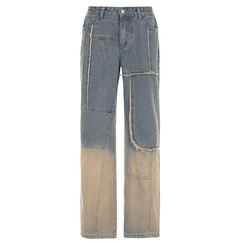 Mid Waist Washed Fray Panel Wide Leg Jeans Product Image