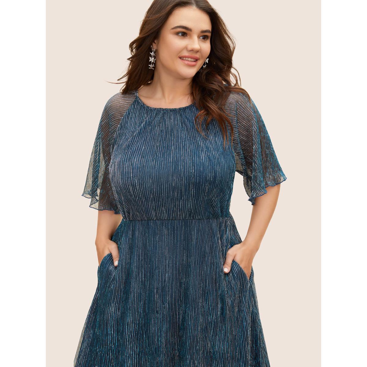 Plus Size Luxe Textured Flutter Sleeve Midi Dress Indigo Women Elegant Texture Round Neck Half Sleeve Curvy BloomChic 14-16/1X Product Image