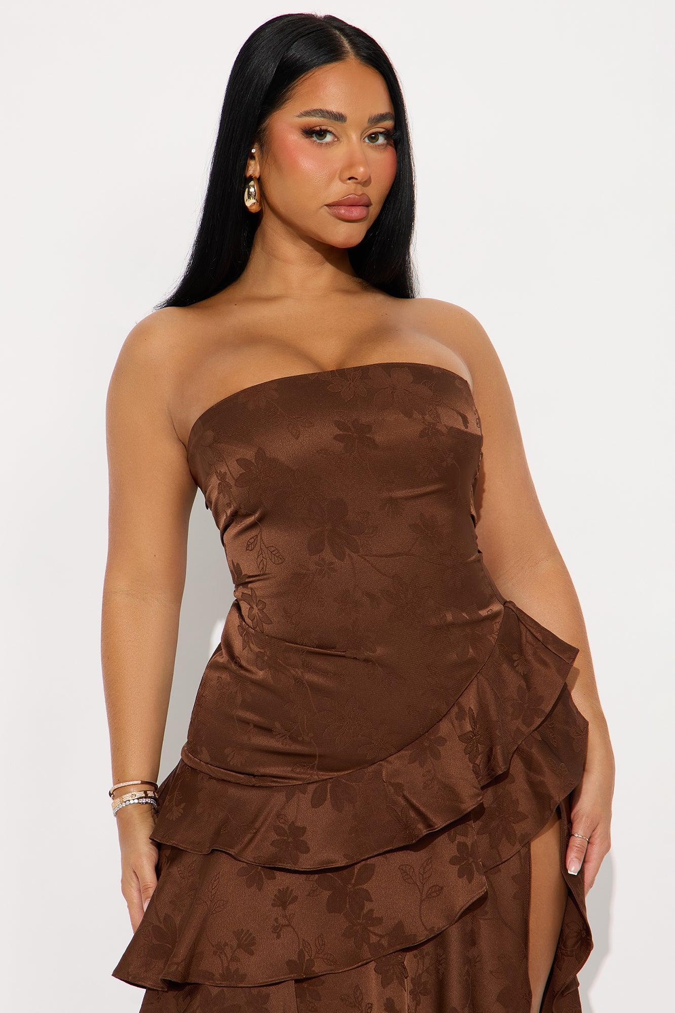 Inez Ruffle Satin Gown - Brown Product Image
