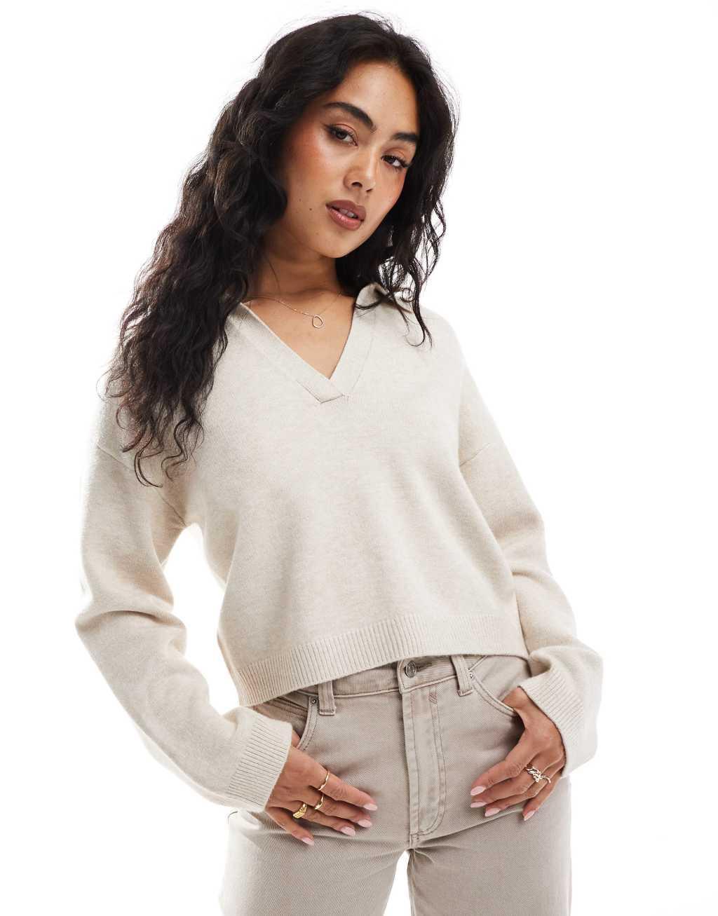Cotton On knitted v neck polo sweater in stone Product Image