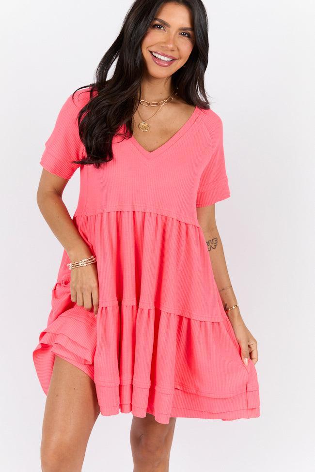 Planning Ahead Coral Waffle Knit Short Sleeve V-neck Dress SALE Product Image
