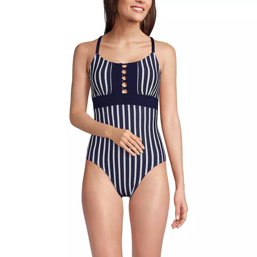 Women's Lands' End Front Lace-Up Scoopneck One-Piece Swimsuit, Size: 10, Deep  Blue Floral Product Image