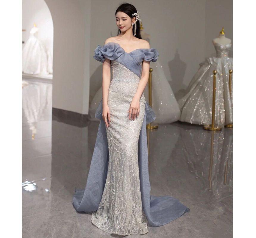 Off-Shoulder Embroidered Ruffled Bow Back Mermaid Evening Gown Product Image