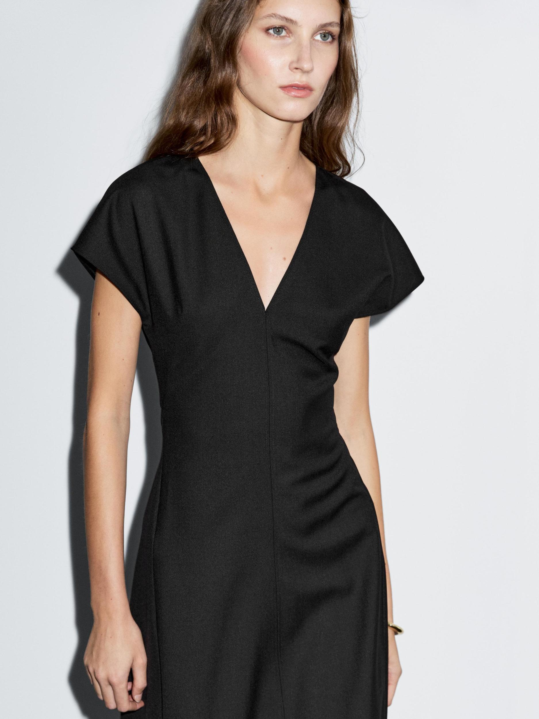 Long wool blend V-neck dress Product Image