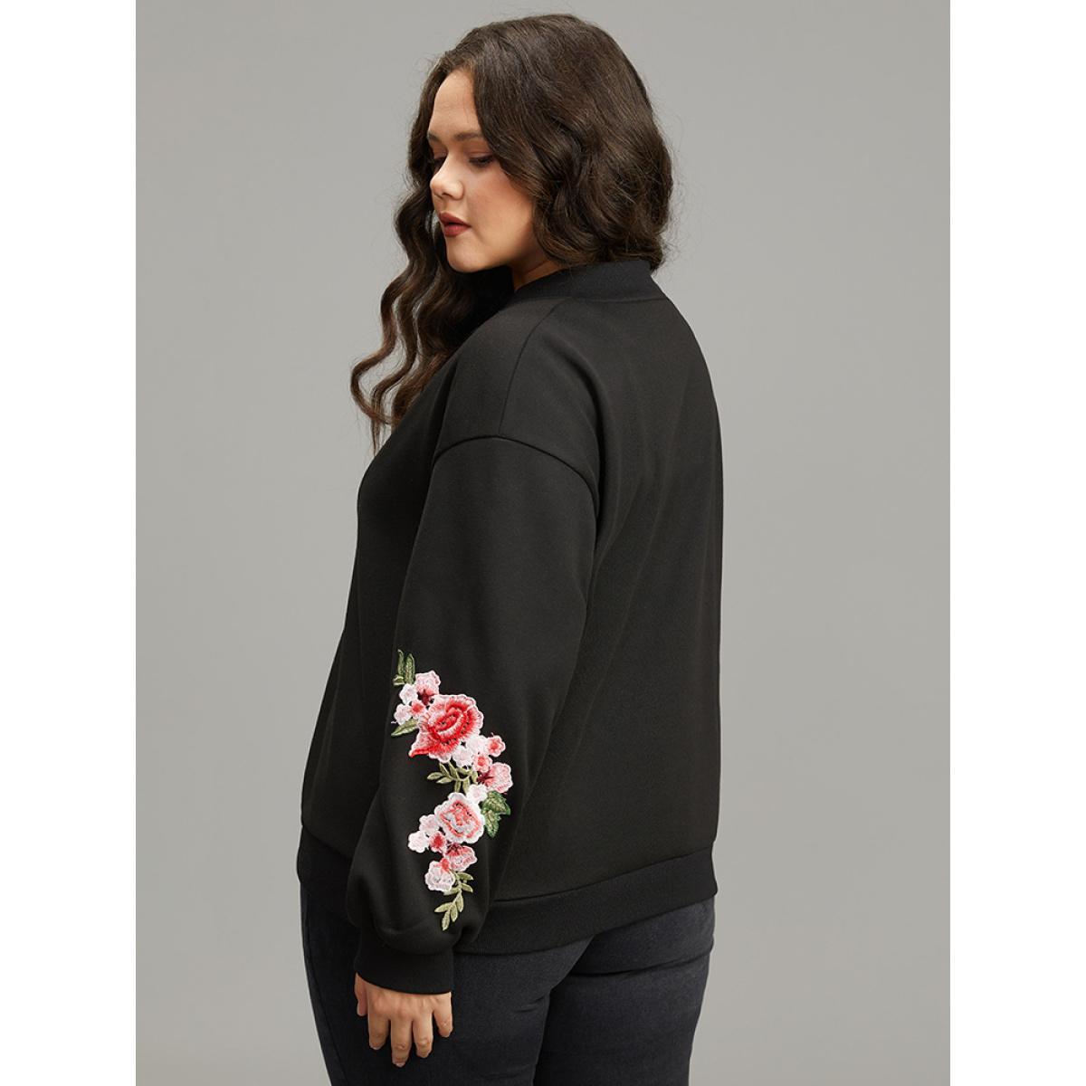 Plus Size Floral Embroidered O Ring Zipper Jacket Women Black Elastic cuffs Everyday Jackets BloomChic 28/5X Product Image