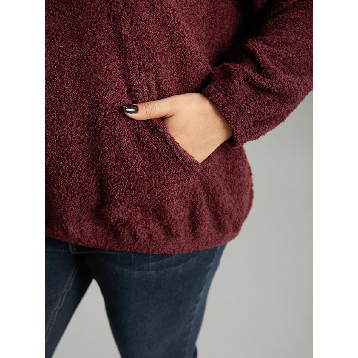 Plus Size Fuzzy Solid Hooded Pocket Ties Sweatshirt Women Burgundy Casual Elastic cuffs Hooded Dailywear Sweatshirts BloomChic 12/L Product Image
