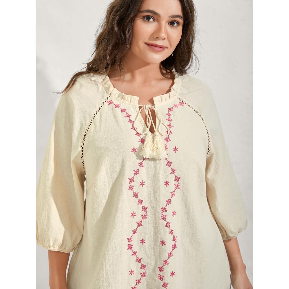 Plus Size Ivory Cotton Lace Embroidered Shirred Neck-Tie Blouse Women Elbow-length sleeve Flat collar with V-notch Vacation Blouses BloomChic 12/L Product Image