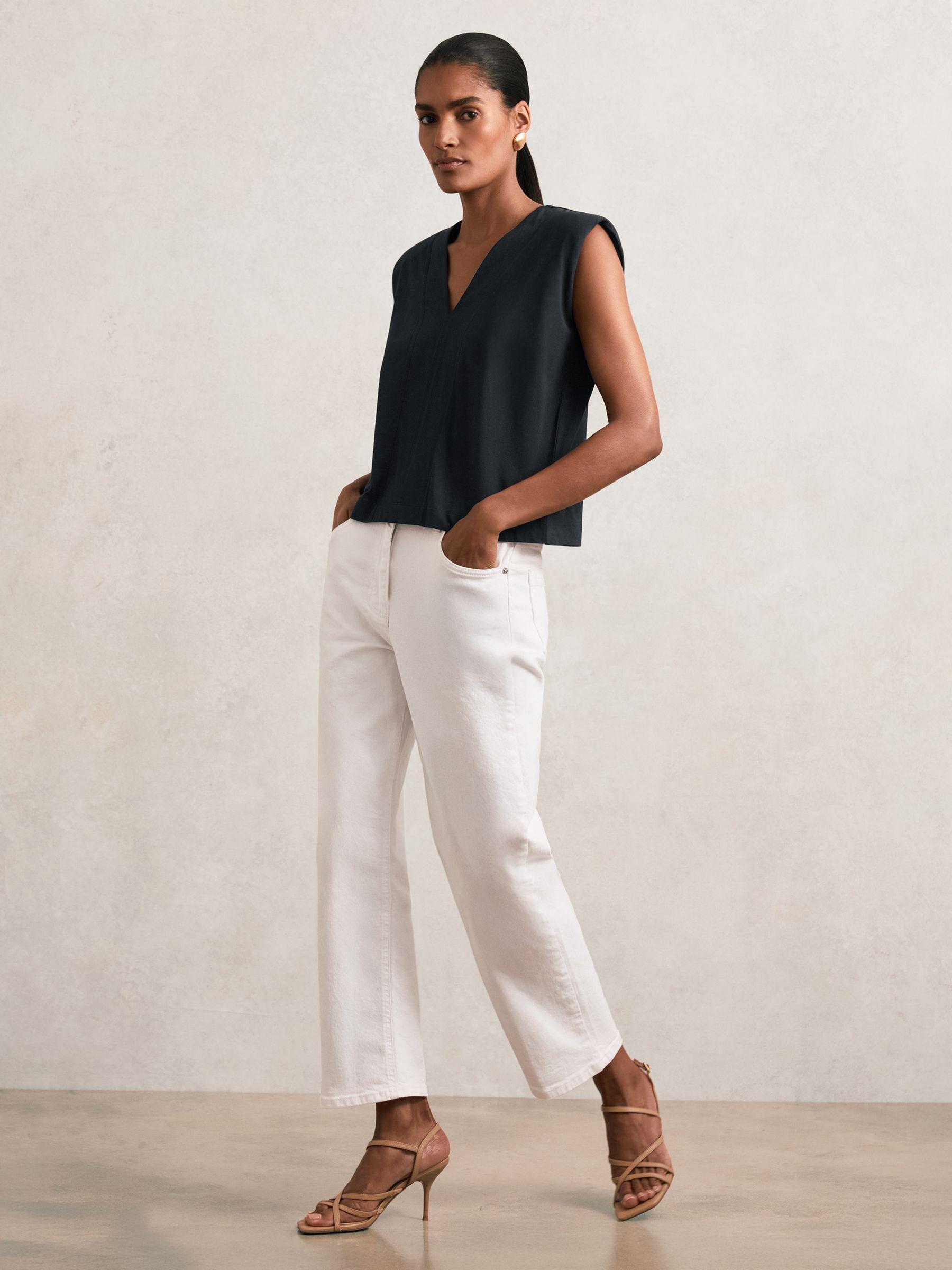 Cotton Shoulder-Pad V-Neck Top in Navy Product Image