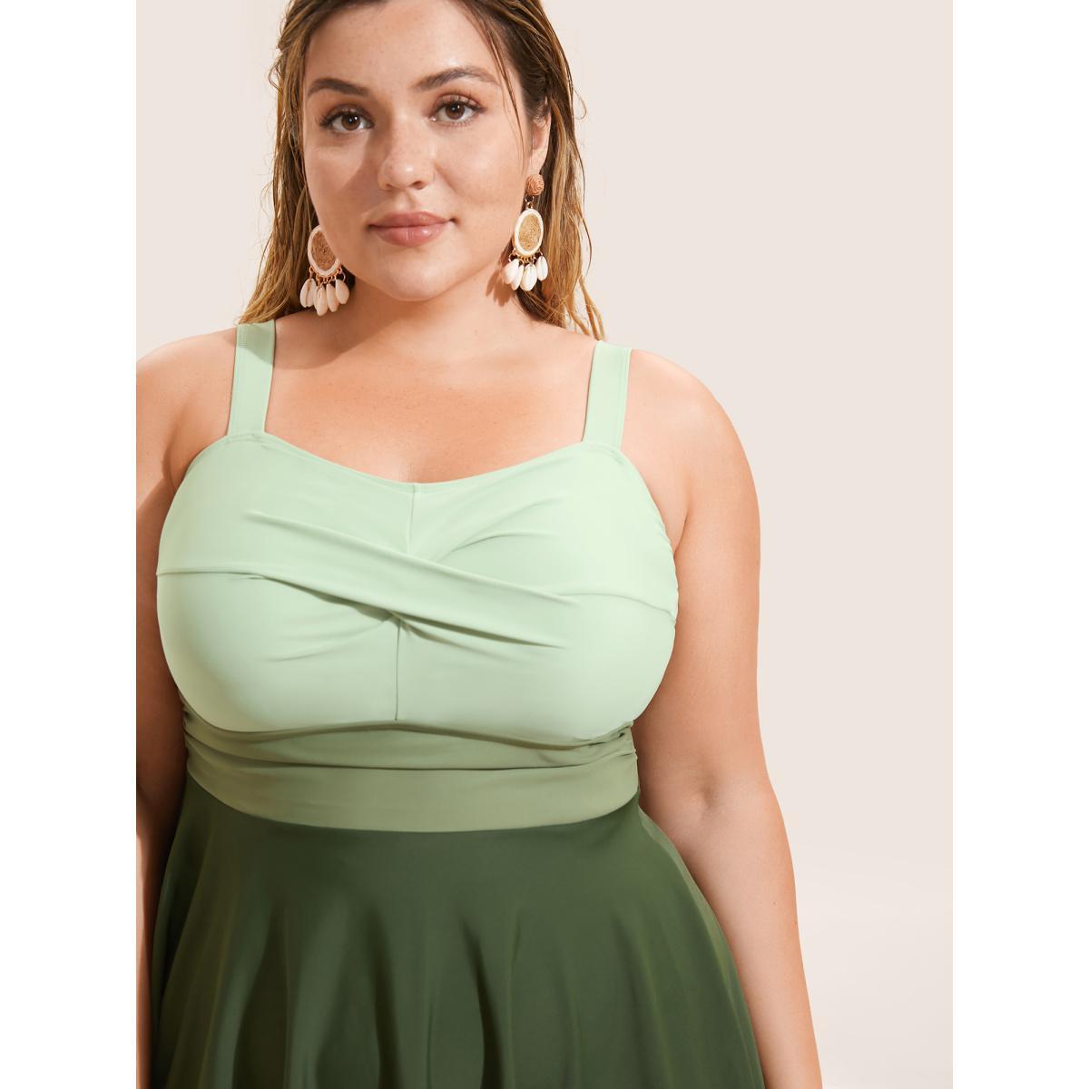 Plus Size Twist Front Patchwork Adjustable Straps Swim Dress Women's Swimwear ArmyGreen Beach Bodycon Heart neckline High stretch Curve Swim Dresses BloomChic 14-16/1X Product Image