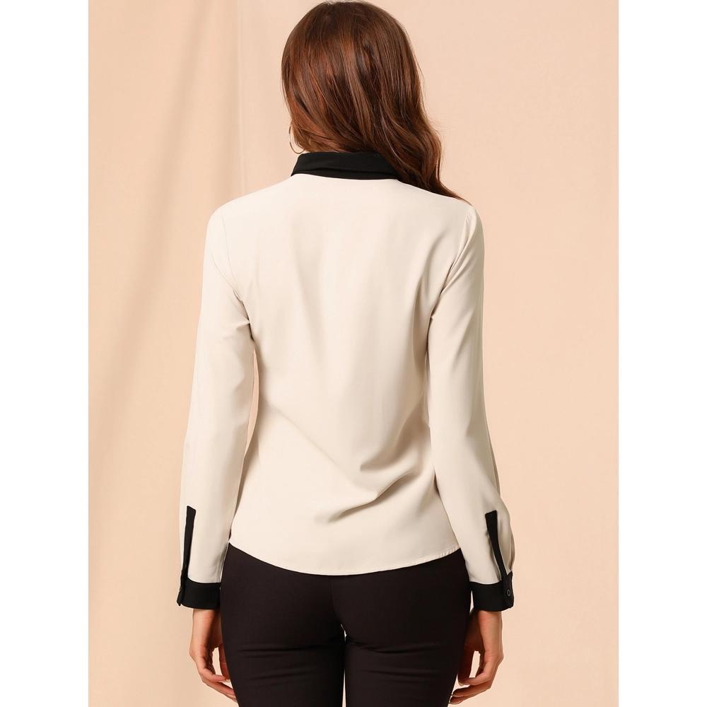 INSPIRE CHIC Women's Contrast Collar Chiffon Long Sleeve Work Office Blouse Product Image