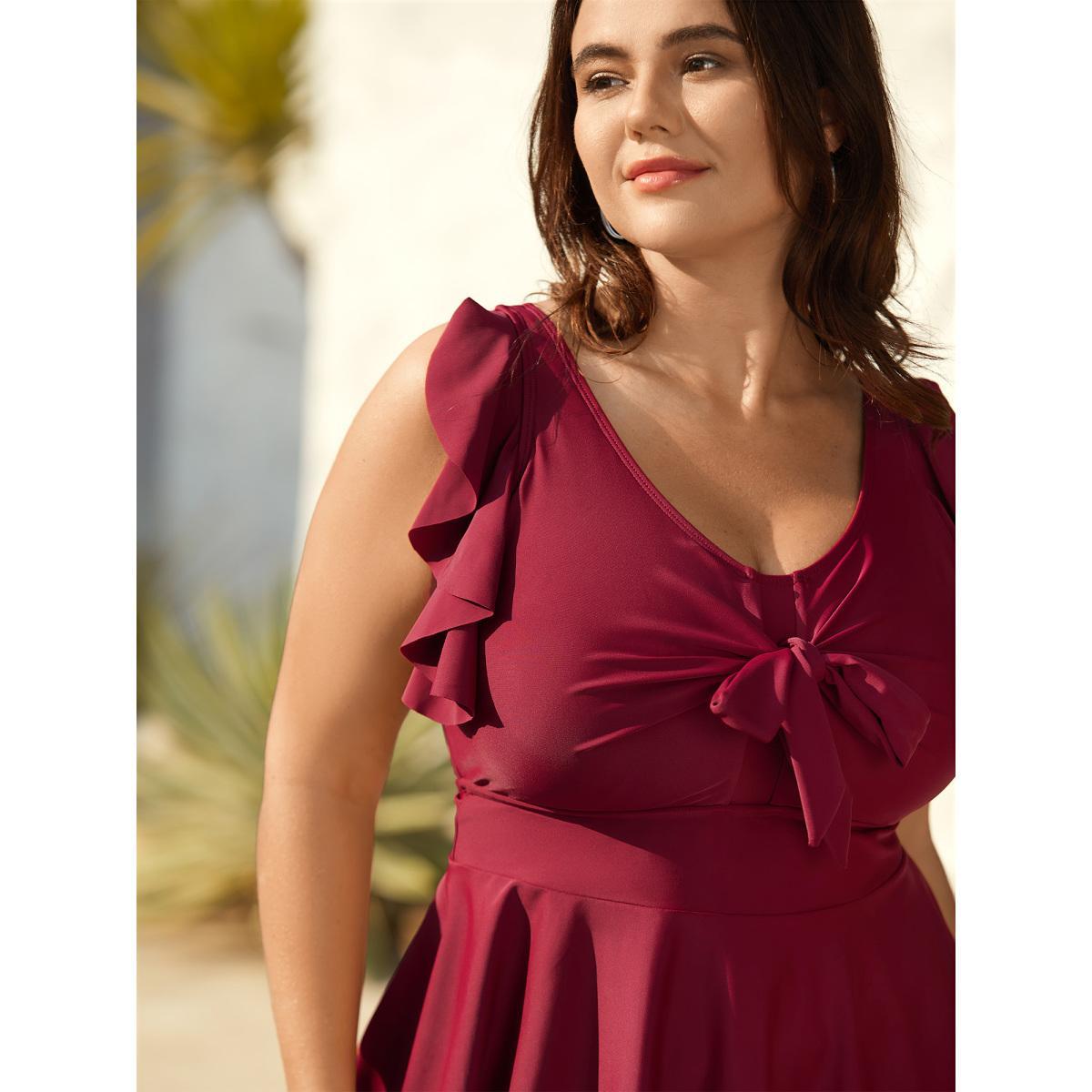 Plus Size Front-Tie Bow Flutter Sleeve Gathered Swim Dress Women's Swimwear Burgundy Beach Bodycon U-neck High stretch Curve Swim Dresses BloomChic 26/4X Product Image
