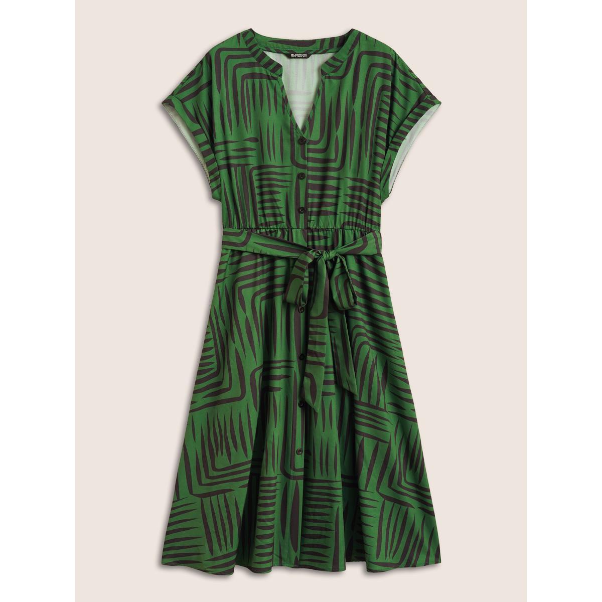 Plus Size Geometric Button Detail Cuffed Sleeve Dress DarkGreen Women At the Office Belted V-neck Short sleeve Curvy BloomChic 30/6X Product Image