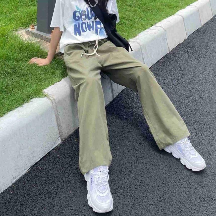 Drawstring Waist Plain Wide Leg Pants Product Image