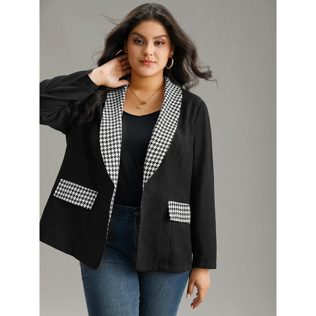 Plus Size Houndstooth Patchwork Contrast Twill Lapel Collar Blazer Black Women Dailywear Houndstooth Contrast Sleeve Long Sleeve Lapel Collar 28/5X Casual Blazers BloomChic Product Image