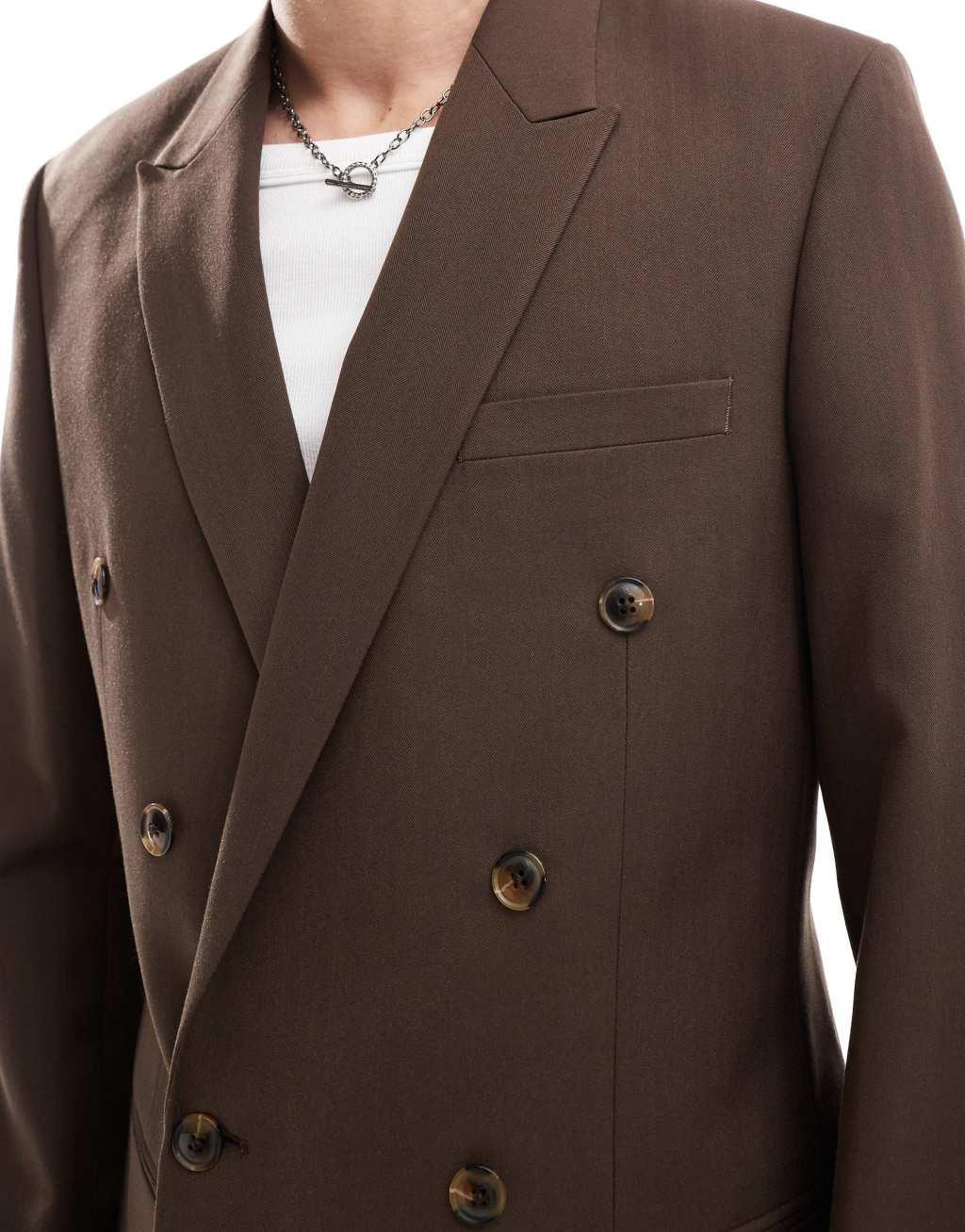 ASOS DESIGN double breasted herringbone suit jacket in brown Product Image