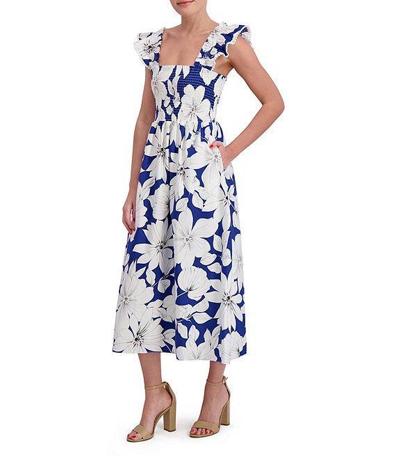Anne Klein Square Neck Ruffle Shoulder Smocked Floral Printed Poplin Midi Dress Product Image
