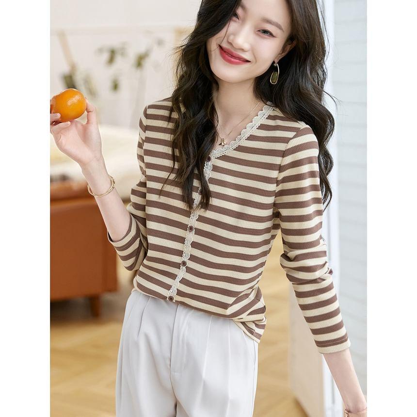 Long-Sleeve V-Neck Striped Ribbed Lace Trim Button T-Shirt Product Image