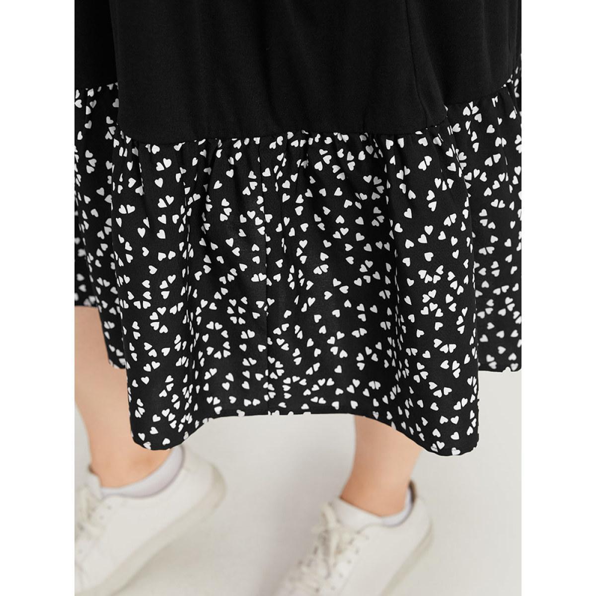 Plus Size Supersoft Essentials Heart Print Patchwork Flutter Trim Dress Black Women Casual Gathered V-neck Short sleeve Curvy Midi Dress BloomChic 28/5X Product Image