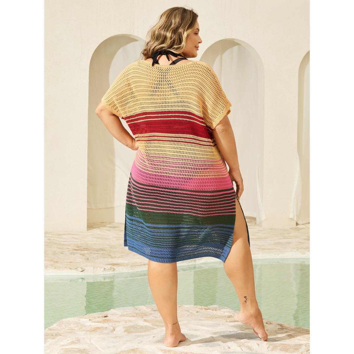 Plus Size Color Contrast Crochet Swim Cover-Up Women's Swimwear Multicolor Beach Loose Curve Swim Cover Ups BloomChic 30/6X Product Image
