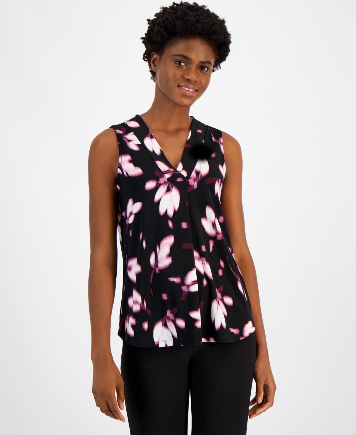 Anne Klein Womens Printed Sleeveless V-Neck Shell Top - Anne Black Product Image