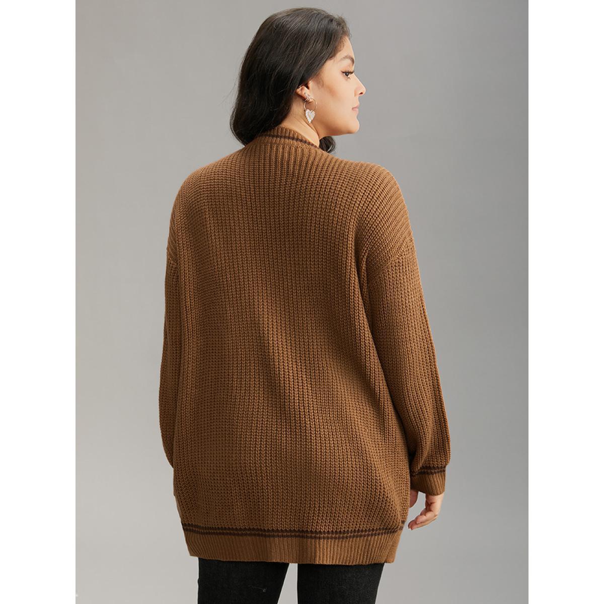 Plus Size Plain Cable Knit Pocket Open Front Cardigan Bronze Women Casual Loose Long Sleeve Dailywear Cardigans BloomChic 14-16/1X Product Image