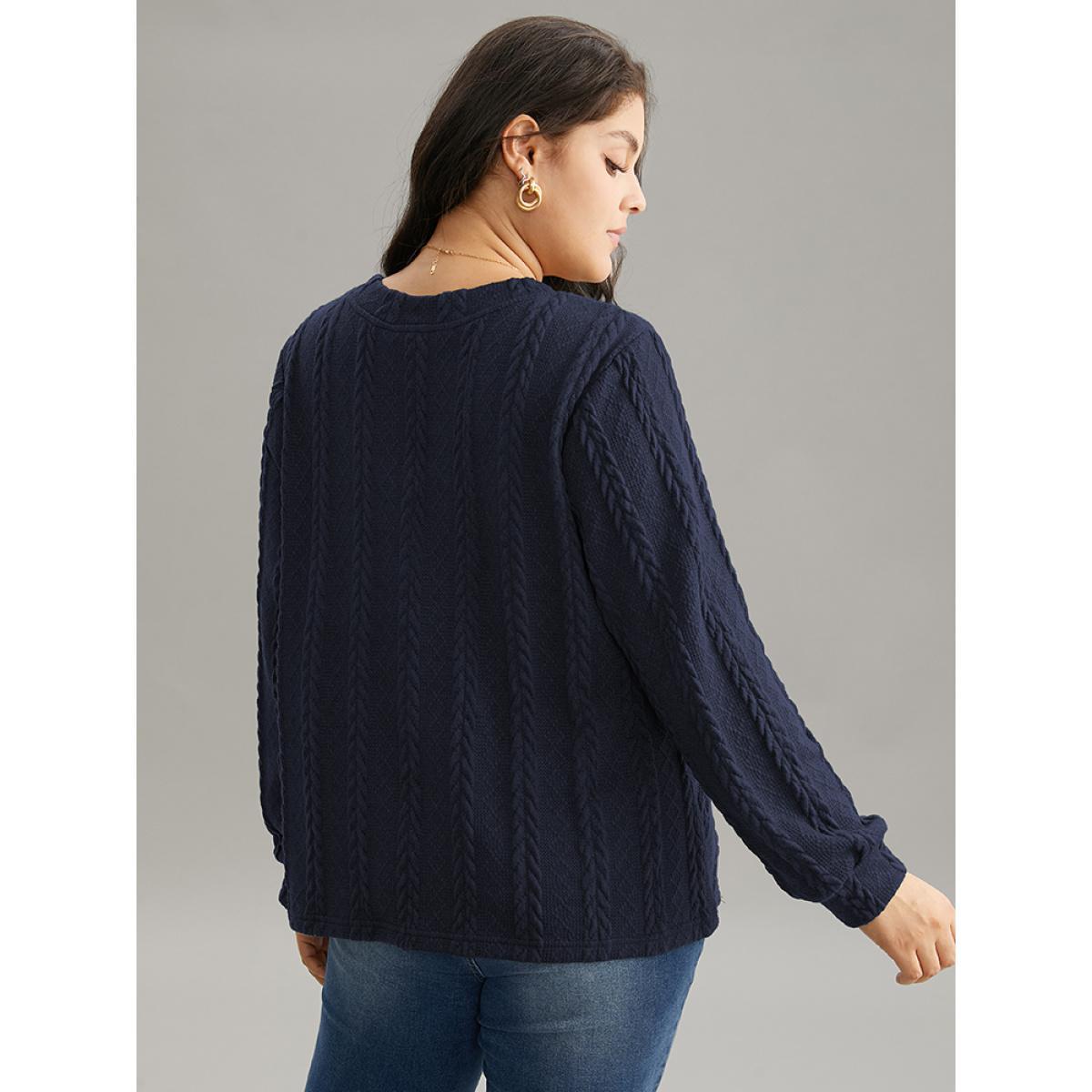 Plus Size Plisse Solid Button Detail Sweatshirt Women Indigo Elegant Texture V-neck Everyday Sweatshirts BloomChic 14-16/1X Product Image