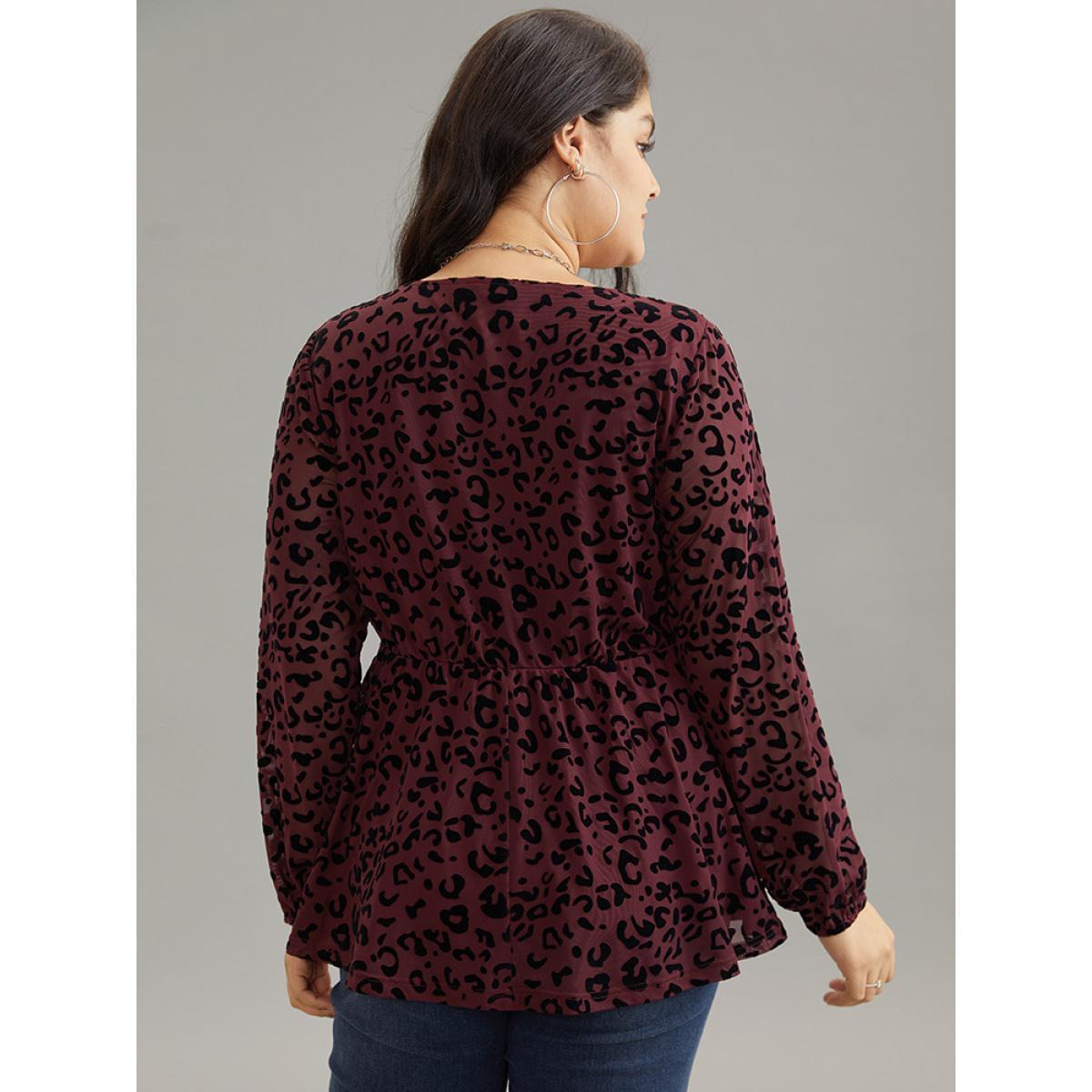 Plus Size Burgundy Leopard Flocking Mesh Patchwork Wrap Blouse Women Glamour Long Sleeve V-neck Going out Blouses BloomChic 30/6X Product Image
