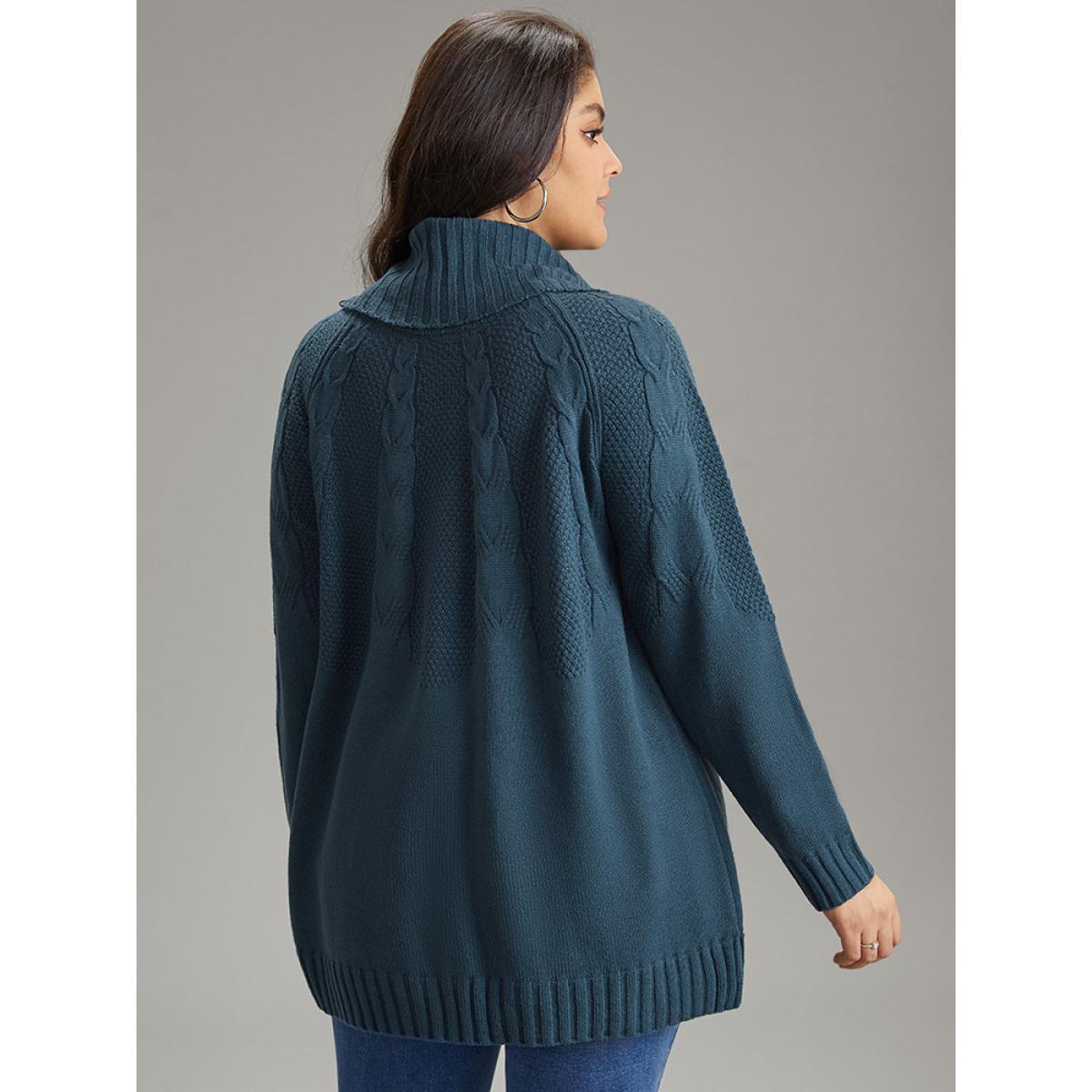 Plus Size Solid Turtle Neck Cable Knit Pullover Cyan Women Casual Loose Long Sleeve Turtleneck Dailywear Pullovers BloomChic 12/L Product Image