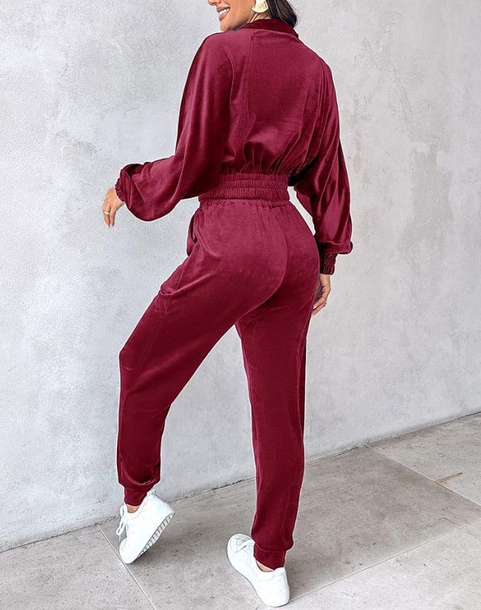 Set: Stand Collar Plain Zip-Up Velvet Crop Jacket + High Waist Harem Pants Product Image