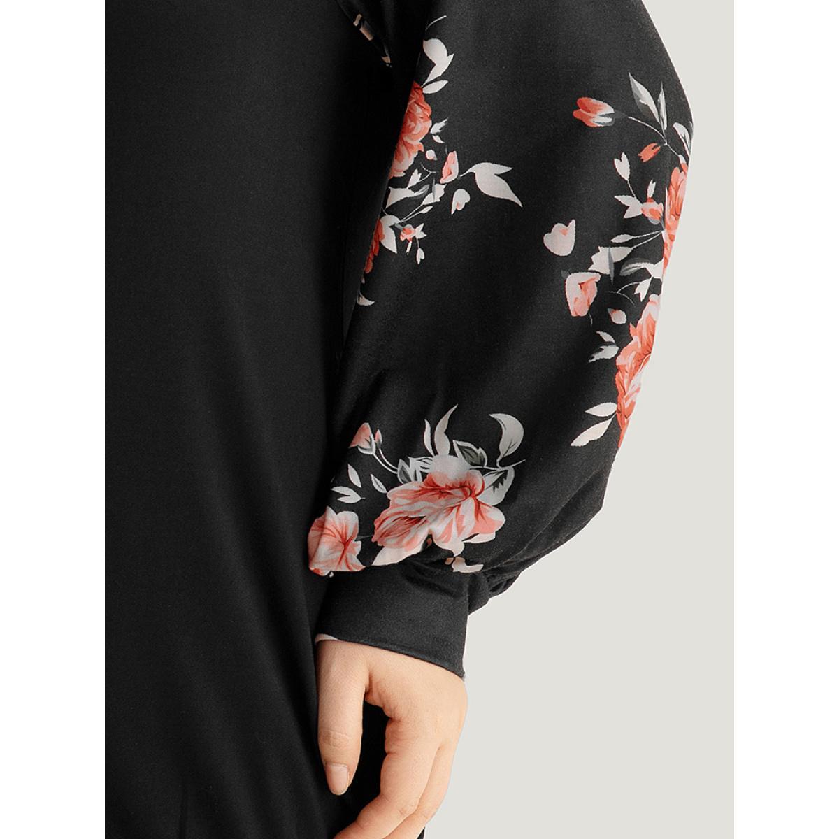 Plus Size Floral Print Raglan Sleeve Patchwork Sweatshirt Women Black Elegant Printed Round Neck Everyday Sweatshirts BloomChic 18-20/2X Product Image