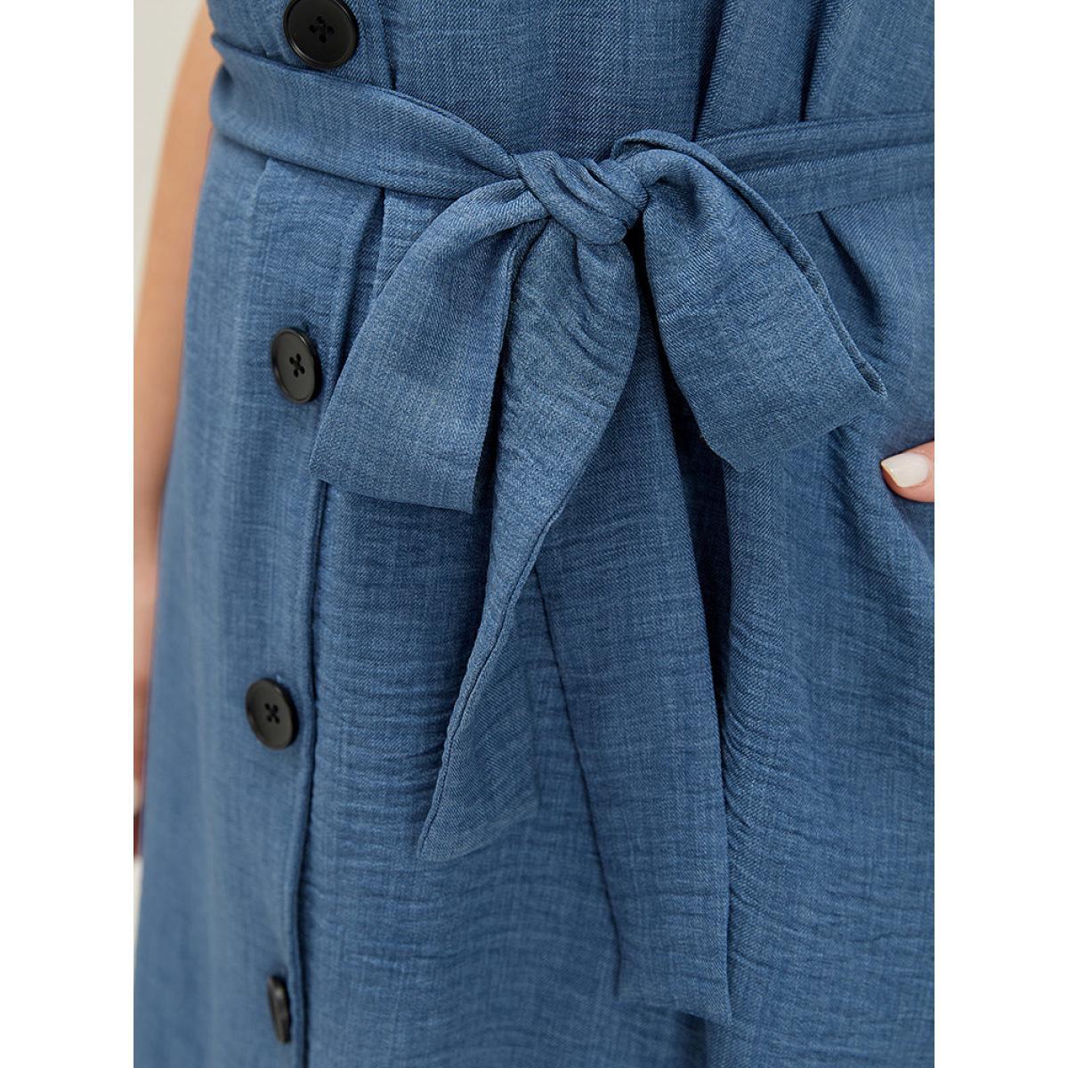Plus Size Suit Collar Belted Pocket Button Through Sleeveless Dress Blue Women Elegant Belted Suit Collar Sleeveless Curvy Knee Dress BloomChic 18-20/2X Product Image