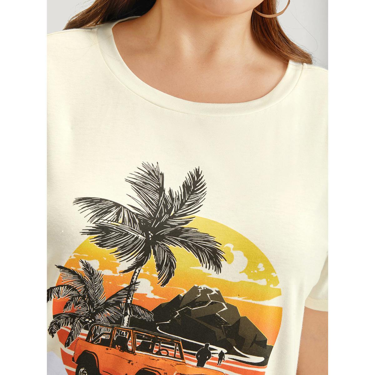 Plus Size Coconut Tree & Car Print Crew Neck T-shirt Beige Women Casual Tropical Dailywear T-shirts BloomChic 22-24/3X Product Image