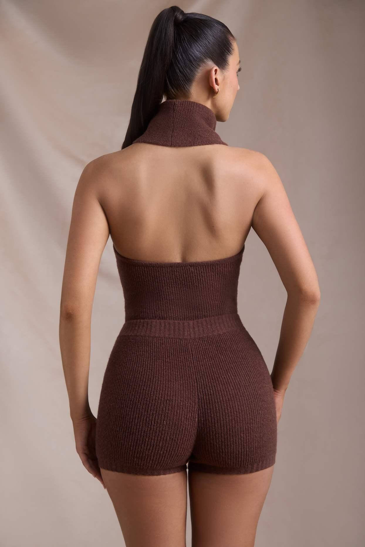 Ribbed-Knit Turtleneck Backless Top in Espresso Product Image