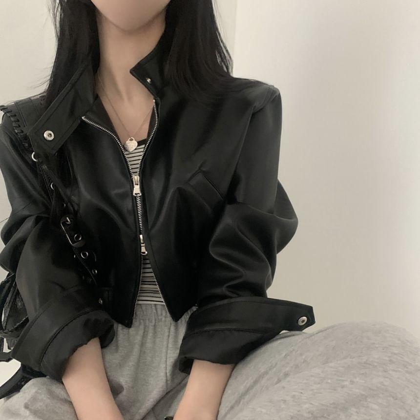 Stand Collar Plain Zip-Up Faux Leather Crop Jacket Product Image