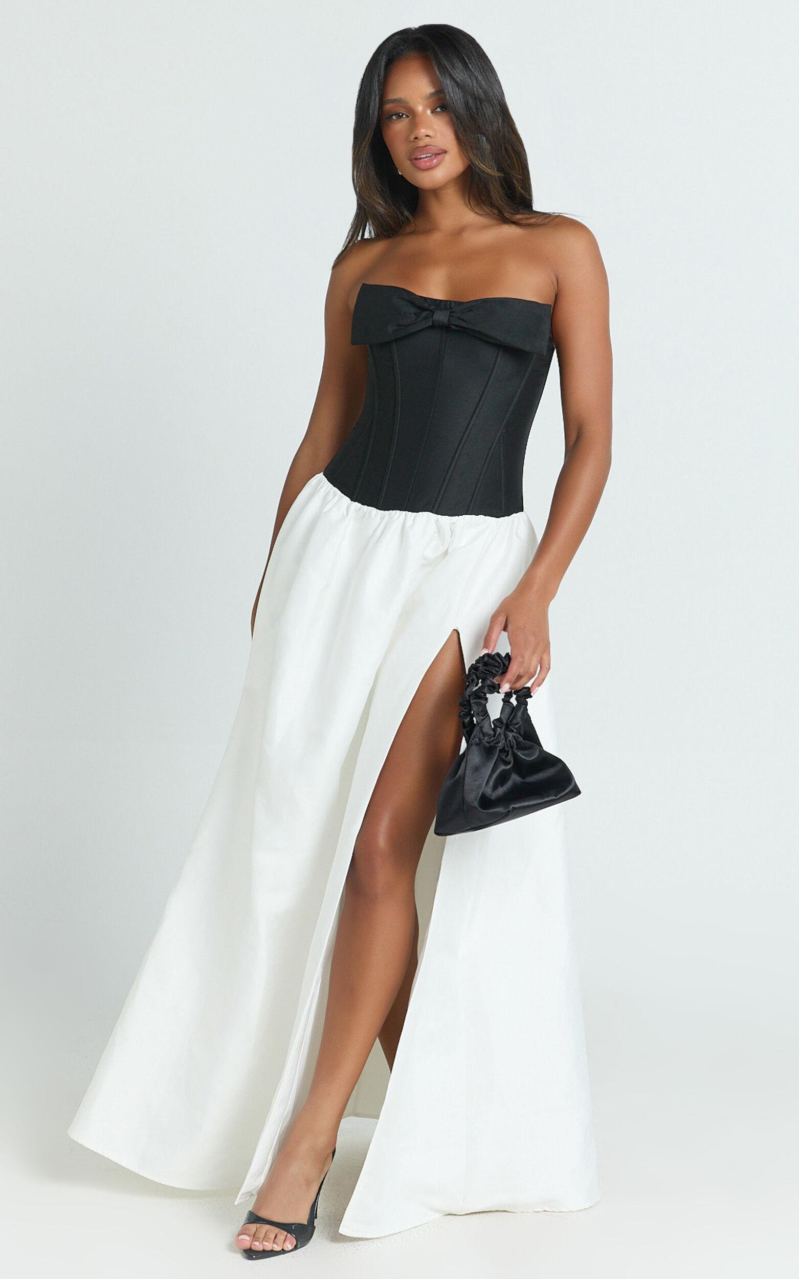 Santana Maxi Dress - Contrast Strapless Fit And Flare Dress in Black/White Product Image