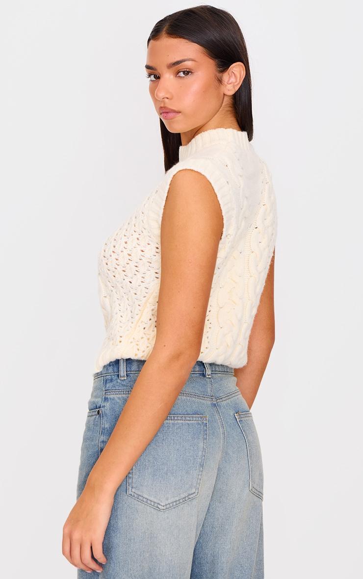 Cream Textured Cable Knit Sweater Vest Product Image