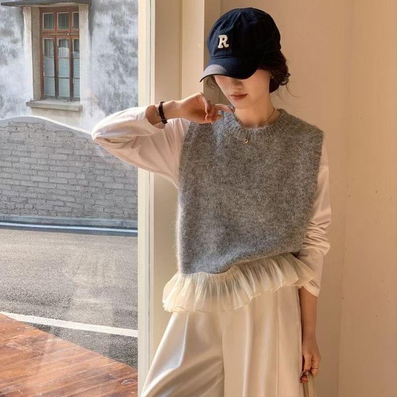 Crew Neck Ruffle Panel Sweater Vest Product Image
